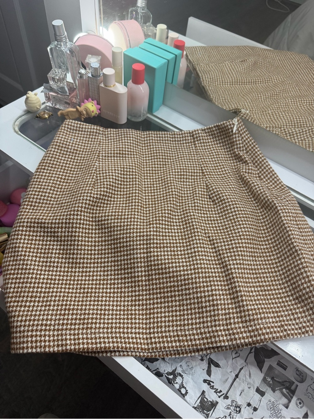 Tan and White checkered pencil skirt